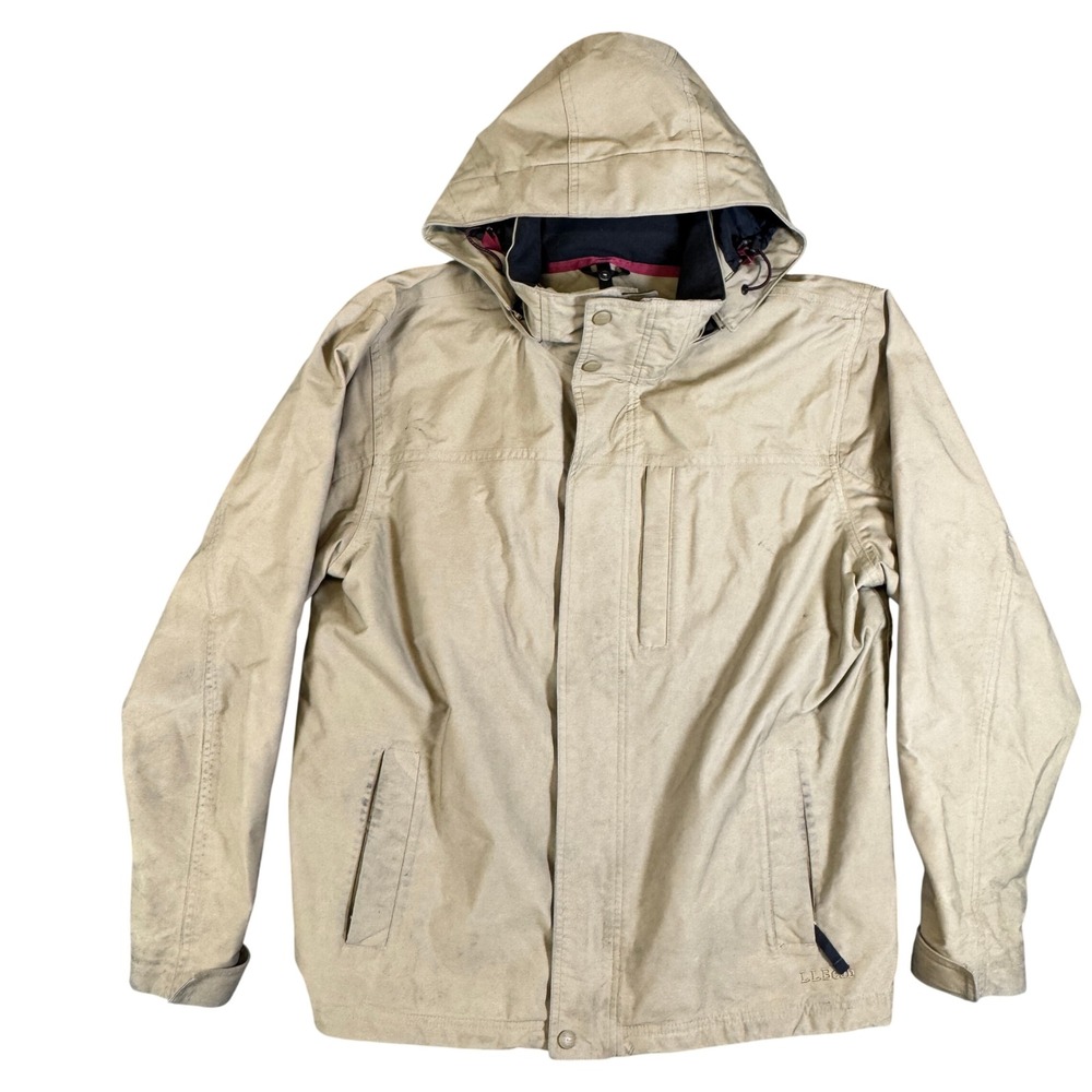 LL Bean Mens Hooded Field Jacket Tan Khaki Full Zip Utility Coat Large